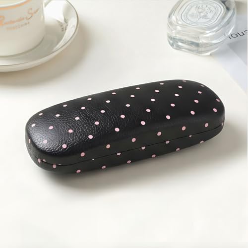 Glasses Case Hard Shell, Cute Sunglasses Case for Women Leather Protective Case for Eyeglass with Cleaning Cloth - color: Black Pink Polka Dot