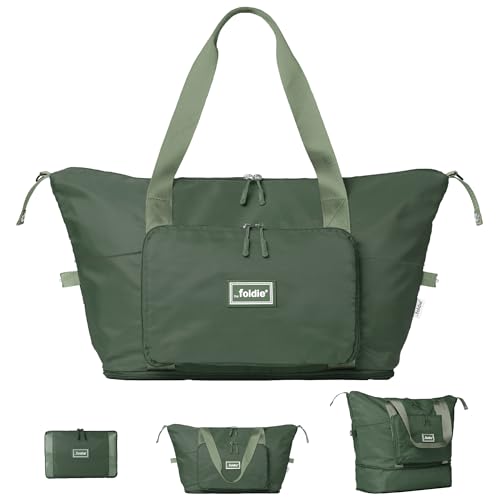 The Foldie Foldable Travel Bag for Women - 40L Weekender Bag with Multiple Pockets - Carry On Expendable Travel Bag - color: Army Green