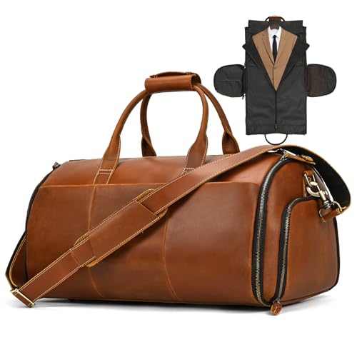 Full Grain Leather Duffel Bag for Men, 2-in-1 Garment Travel Bag with Shoe Compartment, Weekender Overnight Bag for Business Trip, Light Brown - color: Y22a01Y Light brown