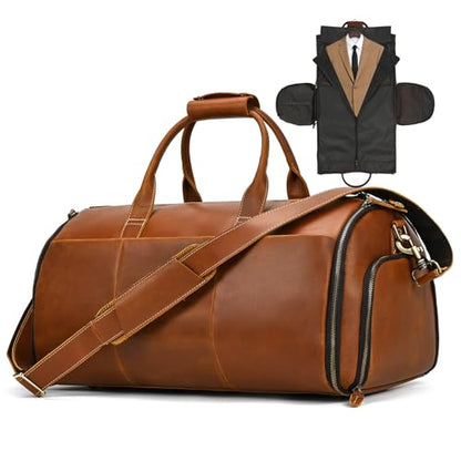 Full Grain Leather Duffel Bag for Men, 2-in-1 Garment Travel Bag with Shoe Compartment, Weekender Overnight Bag for Business Trip, Light Brown - color: Y22a01Y Light brown