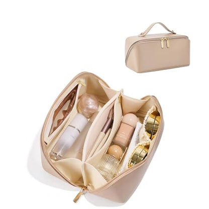 ALEXTINA Travel Makeup Bag, PU Leather Cosmetic Bag, Khaki - color: smooth khaki, size: Medium
