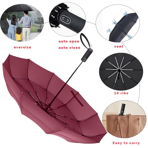 MRTLLOA Compact Golf Umbrella, 10 Ribs Vented Windproof Travel - color: Burgundy, size: 62 Inch