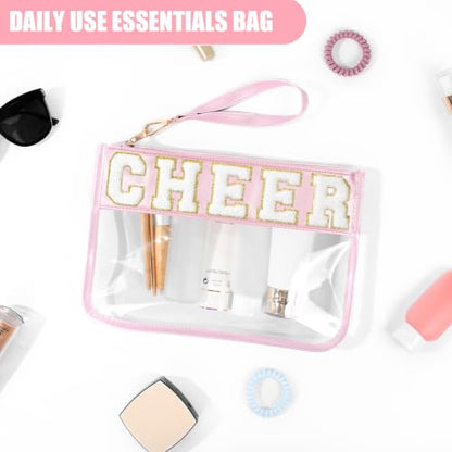 BuyCard Cheer Chenille Letter Bags Clear Makeup Bag, Cheerleader Gifts Cosmetic Bag, Varsity Preppy Patch Flat Pouch Cheer Accessories, Waterproof PVC Organizer Toiletry Bag for Women Girls Mint Pink - color: Pink-Cheer