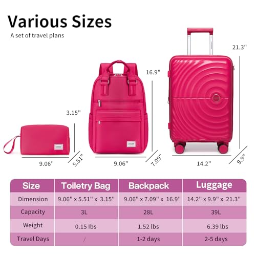 LARVENDER Expandable Carry On 3 Piece Luggage Set with Backpack 20 Inch - color: Rose Red, style: 3 Piece Sets