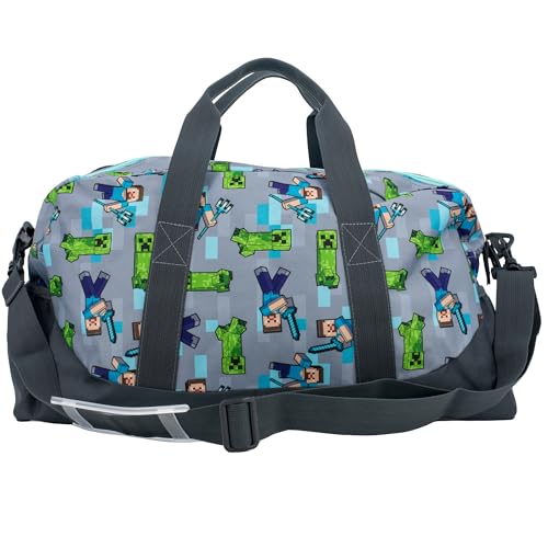 Minecraft Duffle Bag, 16 inch Travel Sleepover Weekender Bag for Girls & Boys, Green/Gray - color: Grey