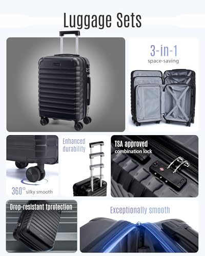 LIGHT FLIGHT 수하물 세트, 스피너 휠이 있는 3피스 슈트케이스 세트, 블랙., 스피너 휠이 있는 하드사이드 3피스 수하물 세트 - color: 블랙., size: 3-Piece Set-20 Inch/24 Inch/28 Inch
