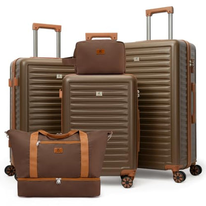 KUNEL Luggage Sets 5 Pcs suitcases with Wheels, 20/24/28Inch, Brown - color: Brown