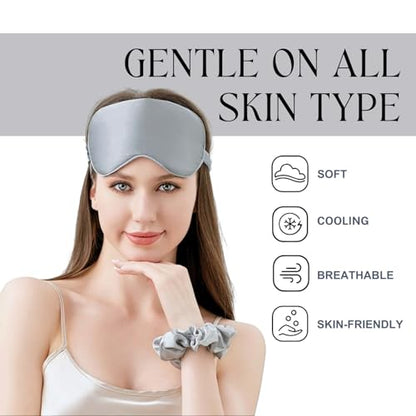 Silver Sleep Eye Mask, Blackout Silk Satin Travel Blindfold Set Women - color: Silvergrey