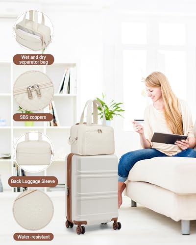 Kono Carry On Luggage Airline Approved with Spinner Wheels TSA Lock - color: Cream White, size: 20-inch/Tb