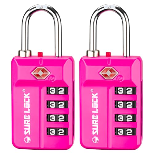SURE LOCK TSA Approved 4-Digit Resettable Combination Luggage Locks with Open Alert, Easy-Read Dials - for Luggage, School Lockers, Gym, Office, Toolbox & Security Cases (Pink 2 Pack) - color: PINK 2 PACK