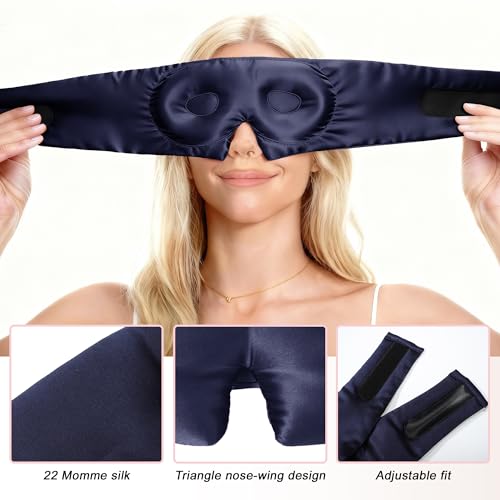 VOCOSTE 3D Pure Silk Sleep Mask with Travel Pouch, Navy Blue - color: Navy Blue