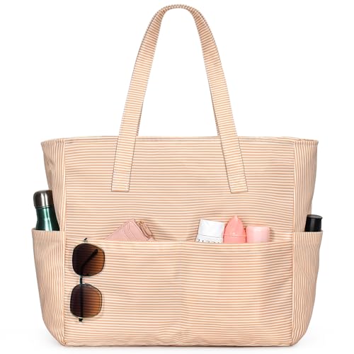 oscaurt Beach Bags for Women Large Waterproof Sandproof Beach Tote Swim Pool Bag with Zipper for Travel Vacation Essentials - color: Khaki Stripes