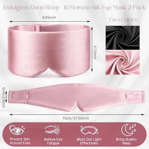 Bonuci 2 Pack Silk Sleep Mask for Side Sleepers & Couples, 100% Mulberry Silk, Adjustable No-Slip Strap, Soft Padded Eye Cover Blindfold for Blackout Women Men Gift Sensitive Skin Travel, Pink/Black