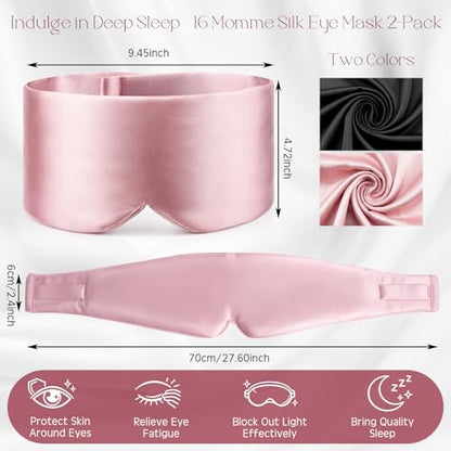 Bonuci 2 Pack Silk Sleep Mask for Side Sleepers & Couples, 100% Mulberry Silk, Adjustable No-Slip Strap, Soft Padded Eye Cover Blindfold for Blackout Women Men Gift Sensitive Skin Travel, Pink/Black