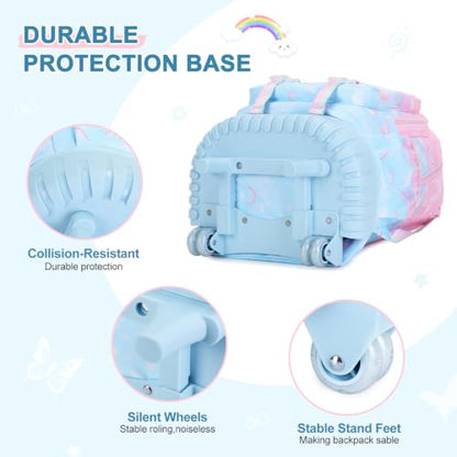 3PCS Rainbow Butterfly Rolling Backpack for Girls w/ Lunch Box (Pink Blue) - color: Pink Blue