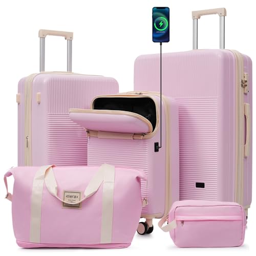 Merax Luggage Sets 5 Piece with Half-opening Hardside Suitcase Set - color: Light Pink, style: Luggage Set With Top Open 20