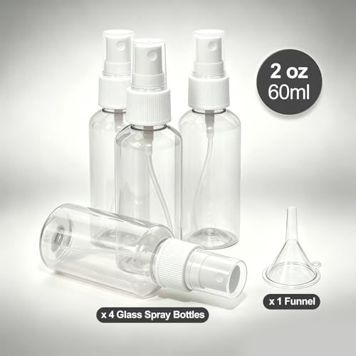 4 Pack 2 oz Small Spray Bottles with Funnels (clear) | Empty Spray Bottle for Hair, Plants, Perfume - Fine Mist，Refillable Liquid Bottles,PP material, not easy to break - color: clear