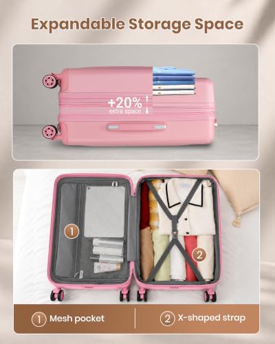 Kono 24 Inch Expandable Checked Luggage with Spinner Wheels TSA Lock Pink - color: Pink, size: 24"
