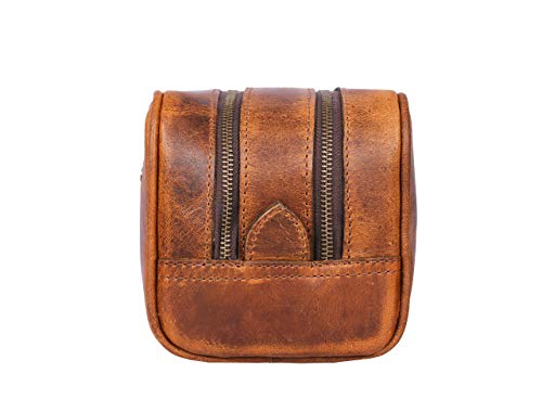 Aaron Leather Goods Leather Toiletry Bag for Men and Women Brown 10.5 Inch (Caramel) - color: Caramel