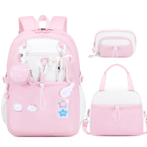 DIGOBAY Backpack for Girls, 5PCS School Bookbag with Lunch Box Pencil Case - color: Pink