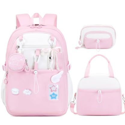 DIGOBAY Backpack for Girls, 5PCS School Bookbag with Lunch Box Pencil Case - color: Pink