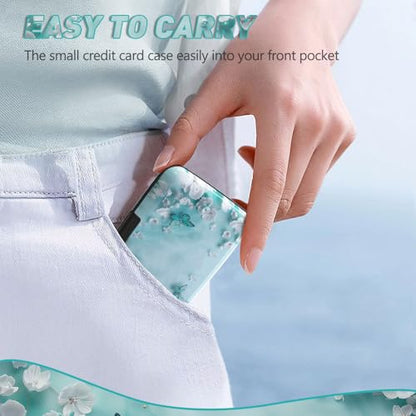 Credit Card Holder, Mini RFID Small Aluminum Card Wallet Business Card Case - color: Green Teal Butterfly