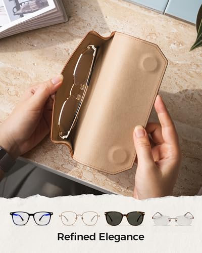 VULKIT Genuine Leather Glasses Case, Magnetic Closure Sunglasses Case, Eye Glasses Cases for Men & Women Spectacle Cases - color: Saddle Brown