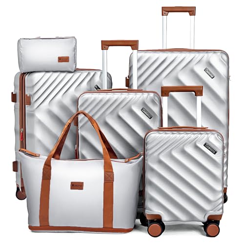 Rosamo 6 Piece Luggage Set Expandable Hardside, 20in Suitcase with Matching Travel Bags, 22x14x9 Airline Approved Carry On, TSA Lock & Spinner Wheels, ABS+PC - color: Silver, size: 6PC Set (16"/20"/24"/28"/TB/DB)