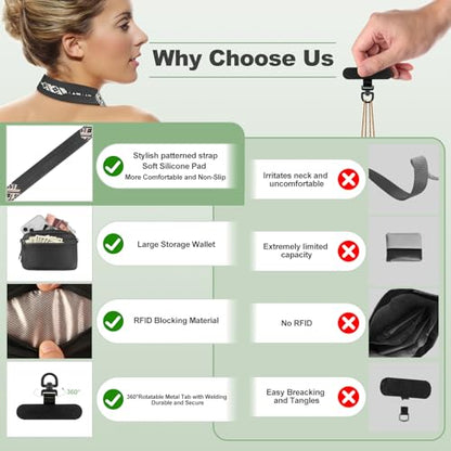 YFWE Clip and Go Strap for Phone with Wallet Crossbody, Adjustable Phone Lanyard with Detachable RFID Wristlet Wallet, Pattern Strap, Black (M) - color: Black-pattern Strap, size: Medium