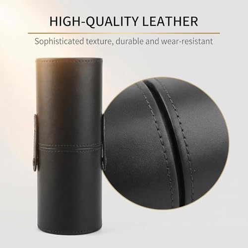 PU Leather Makeup Brush Holder Travel Makeup Brushes Case Makeup Brush Case Organizer Cosmetic Cup Cylinder Makeup Brush Storage Box with Button for Women (Black)