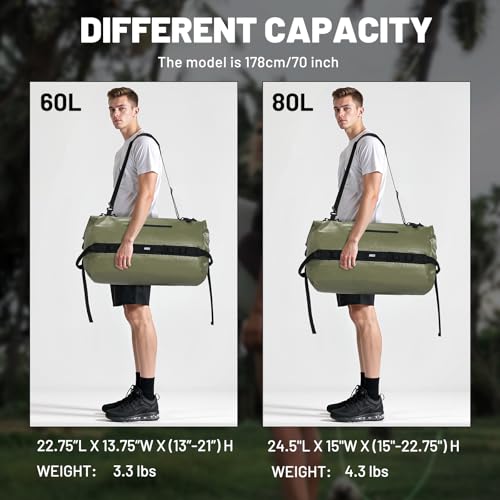 MIER Large Waterproof Duffel Bag - 60L/80L Dry Bag Backpack - color: Army Green, size: 60L