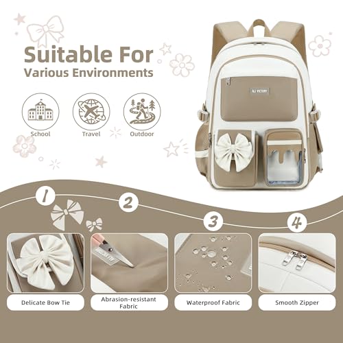 Backpack for Girls, Cute Girls Backpack with Lunch Bag Pencil Case - color: Brown