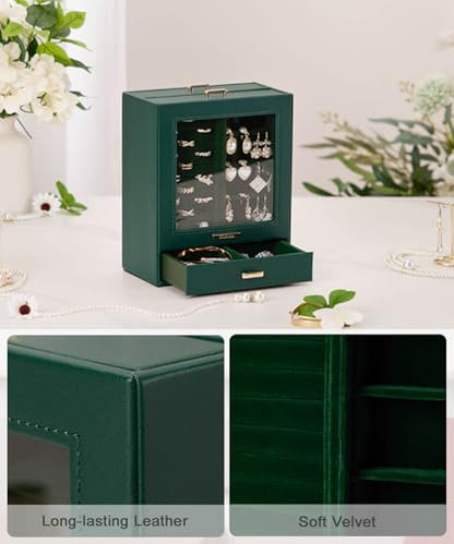 Homde Display Jewelry Box for Girls: Starter Organizer with Clear Window - color: Forest Green + Gold