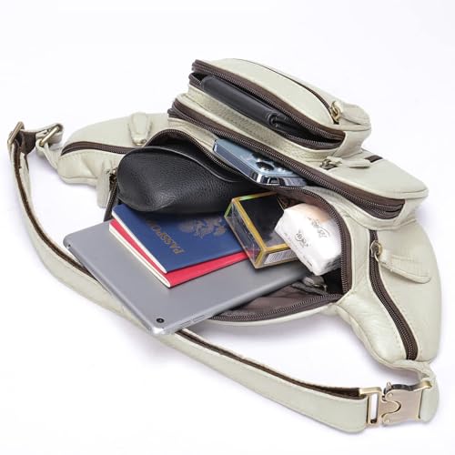 Genuine Leather Fanny Pack large capacity Crossbody Waist Bag with Zipper phone Pockets white - color: White