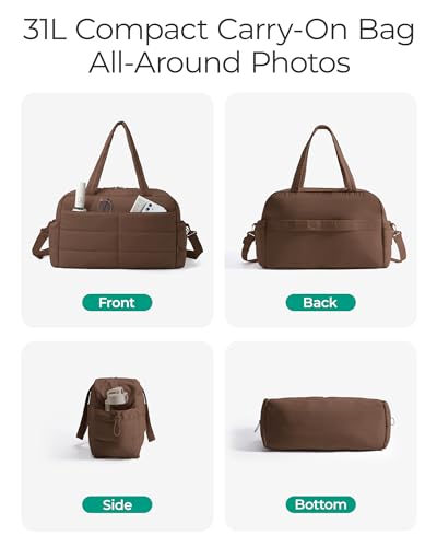 BAGSMART Gym Bag for Women, 2-PC Puffer Travel Duffle Bag Carry On Tote Bag - color: Coffee Brown