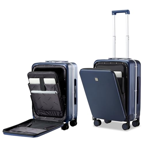 Hanke 20 Inch Carry On Luggage with Front Pocket Aluminum Frame, Hard Shell Suitcases with Wheels, Rolling Luggage, Suitcase with Lock, Travel Luggage for Weekender, Dark Blue - color: Dark Blue, size: 20 Inch-1
