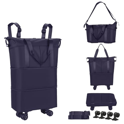 Travel Rolling Duffel Bag with Removable Wheels,Expandable Foldable Carry-On Luggage for Trip or Hospitalization - color: Navy Blue