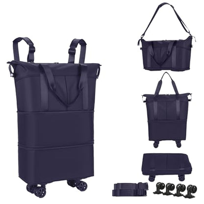 Travel Rolling Duffel Bag with Removable Wheels,Expandable Foldable Carry-On Luggage for Trip or Hospitalization - color: Navy Blue