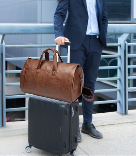 PU Leather Garment Bag, Convertible Garment Duffel Bag for Travel Mens Suit Bag 2 in 2 Waterproof Foldable Carry on Garment Bag with Shoulder Strap Weekender Bag with Shoe Pouch - color: PU-Brown