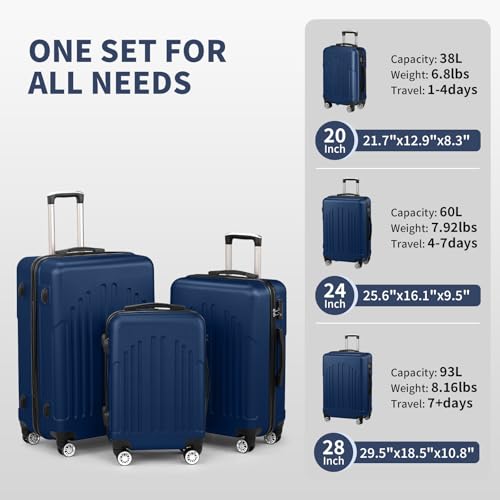 Karl home Luggage Sets 3 Piece, ABS Hardside Suitcase Set with Double Spinner Wheels & TSA Lock for Travel Business, 3-Piece Set (20/24/28), Navy Blue - color: Navy Blue, size: 3 Piece Set (20/24/28 Inch)