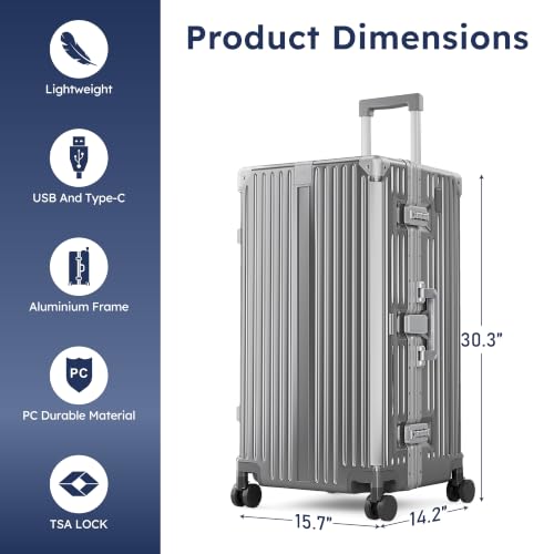 ALPHA CAMP Trunk Luggage 28 Inch with Aluminum Frame Zipperless Suitcase - color: Grey, size: 28 Inch