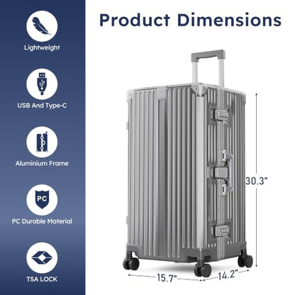 ALPHA CAMP Trunk Luggage 28 Inch with Aluminum Frame Zipperless Suitcase - color: Grey, size: 28 Inch