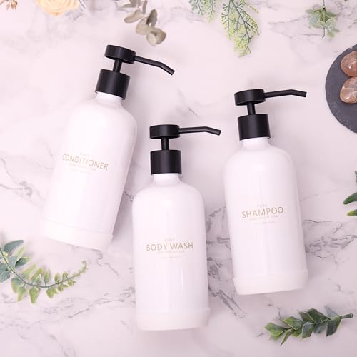 Shampoo and Conditioner Dispenser Set of 3 - color: White Bottles + Black Pumps