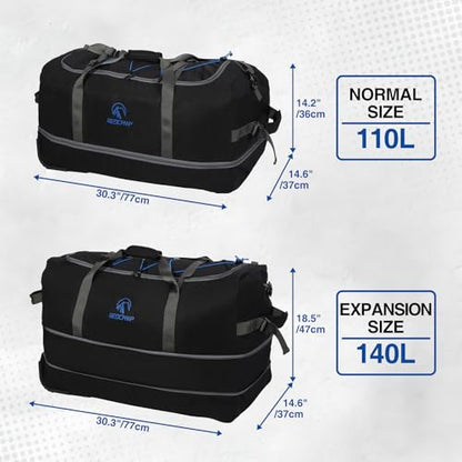 REDCAMP 85L/120L/140L Foldable Duffle Bag with Wheels, Large Travel Duffel Bag - color: 140L Black with Blue Elastic Straps