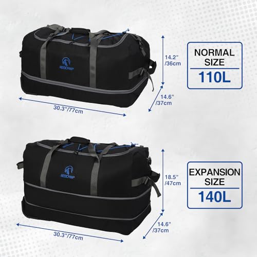 REDCAMP 85L/120L/140L Foldable Duffle Bag with Wheels, Large Travel Duffel Bag - color: 140L Black with Blue Elastic Straps