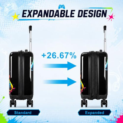 UFNDC Lightweight Hardshell Spinner Kids Suitcase Set 2PCS with Wheels - Airplane Approved Carry-On Luggage for Boys & Children Ages 3-10, Fun Game Rolling Suitcases for Elementary Toddler Travel - color: Black Fun Game Luggage 2PCS Set