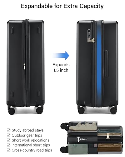 MILADA Expandable Medium Suitcase 24 Inch, Hardside Checked Luggage, Black - color: Jet Black, size: Checked Medium 24 Inch