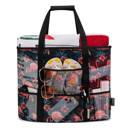 KABAQOO Mesh Beach Bag, Extra Large Beach Bags with 9 Pockets & Zipper Waterproof Lightweight Beach Tote for Beach/Pool Trip - color: Flamingo - Black, size: X-Large