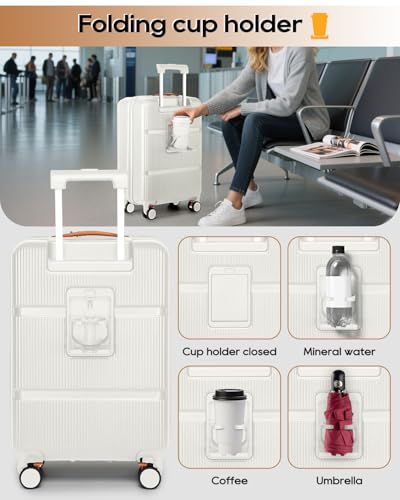 Joyway 20 Inch Carry On Luggage with Front Pocket and Cup Holder, White - color: Beige