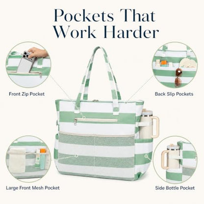 Bluboon Waterproof Beach Tote Pool Bags for Women Ladies Extra Large Carry On Bag With Wet Compartment for Weekender Travel - color: Green White Stripe 5cm